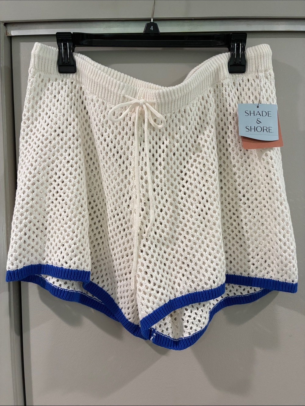 Shade & Shore Cream Open-Knit Shorts with Blue Trim